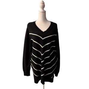 Liz Claiborne Black White Stripe V-Neck Sweater Size 2X Cotton Knit Pullover
